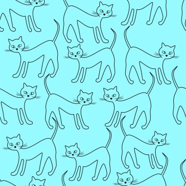 Mavi arka planda kusursuz kedi çizgileri var. Vektör Duvar Kağıdı arka planı.