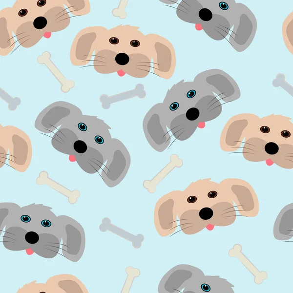 Patrón sin costuras de caras de perro lindo y huesos sobre un fondo azul suave. Ilustración vectorial. Fondo de pantalla de bebé . — Vector de stock