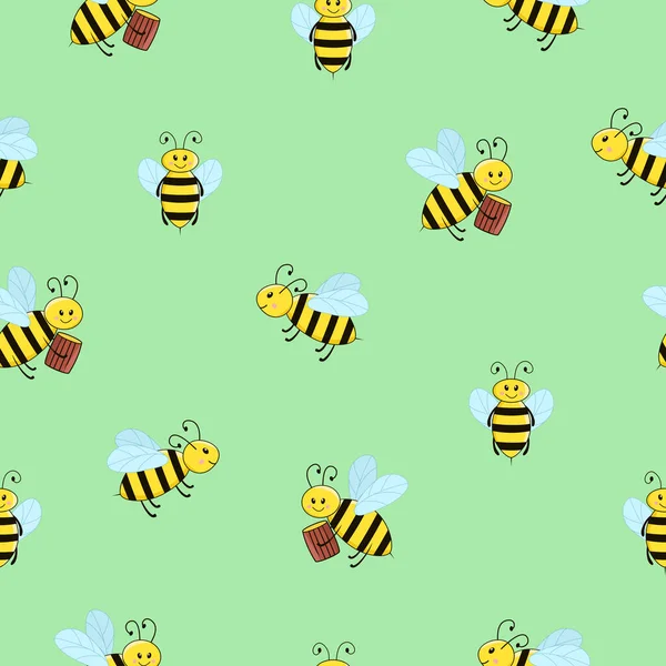 Modèle Sans Couture Abeilles Dessin Animé Drôles Sur Fond Vert — Image vectorielle