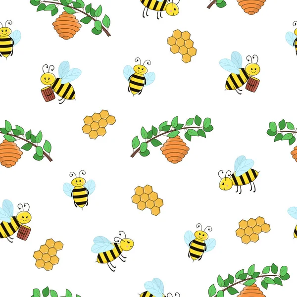 Bezešvé Vzor Vtipné Kreslené Včely Větvi Bílém Pozadí — Stockový vektor