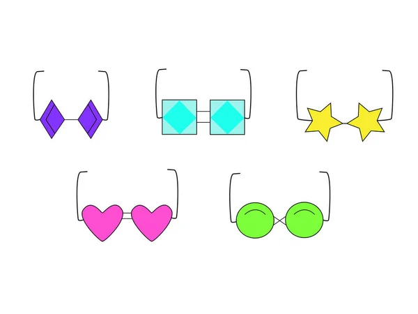 Set of different forms of glasses. Heart, stars square circle rhombus bright multi colored colors. — Stock Vector