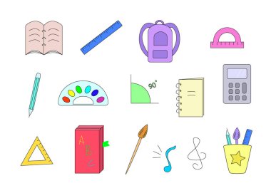 Okul eşyaları not defteri kalem cetveli ders kitabı boya hesap makinesi. Renk Vektörü illüstrasyonu. Okula dönüş eğitimini kabul et.