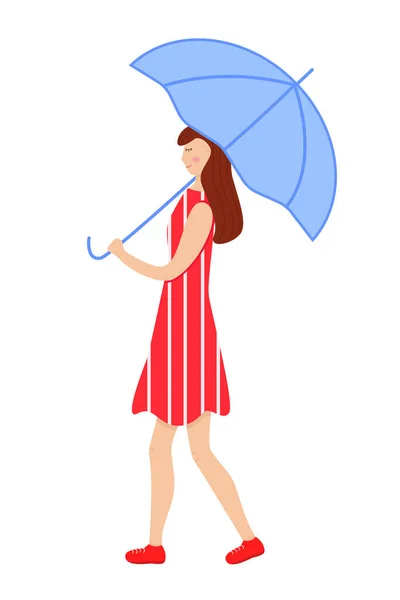 Young stylish girl in a red dress and sneakers under a blue umbrella. Vector illustration. — Stock Vector