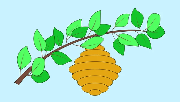 L'alveare pende su un ramo con foglie verdi. Illustrazione vettoriale. — Vettoriale Stock