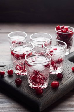 Ahşap bir stantta ve arka planda yığınla votka ve kızılcık. Mekanın kopyası. Bar alkollü içecek tentürü..