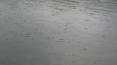 Şiddetli bir yağmur göl yüzeyine vurur, nehir suyunun yüzeyine yağmur damlaları düşer..