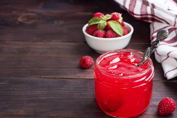 Homemade Raspberry Jam Glass Jar Fresh Raspberries Mint Wooden Rustic — Stock Photo, Image