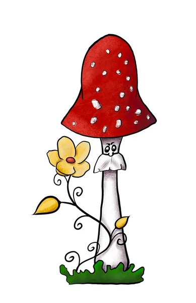 Иллюстрация красной шапки мухи агарической с желтым цветком на зеленой траве. Ядовитый гриб ручной работы с точками на красной шапке, изолированными на белом. Dangerous amanita muscaria grows in woods and forests — стоковое фото