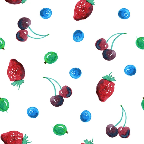 Υδατογραφία αδιάλειπτη μοτίβο των χειρωνακτικών μούρα. Πράσινη, μπλε και κόκκινη απεικόνιση που απομονώνεται σε λευκό φόντο. Κεράσι, φράουλα, φραγκοστάφυλο και βατόμουρο. — Φωτογραφία Αρχείου