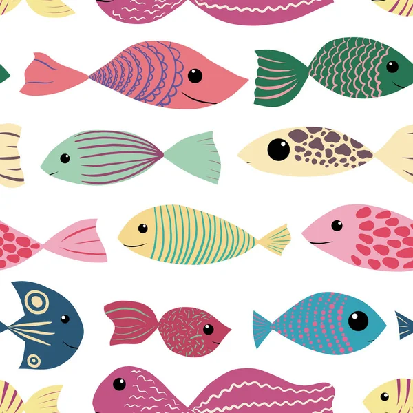 Children illustration of many different multicolored fish. Seamless pattern underwater animals. Cheerful smiling kind sea creatures swiming. kids textile, print, postcard, wrapping paper, scrapbook — Stock Vector