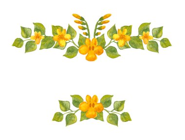 Yeşil yapraklar, sarı çiçekler ve suluboya vignette tomurcukları. Başlık veya tebrik kartı için basit bir el yapımı vintage çerçeve. Çiçek ve yapraklar beyaza saçılmış. Boşluğu kopyala 