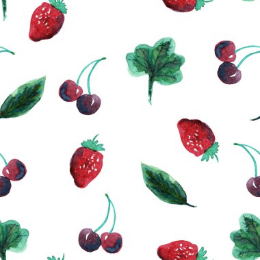 Beyaz üzerinde kirazlı ve çileksiz desen