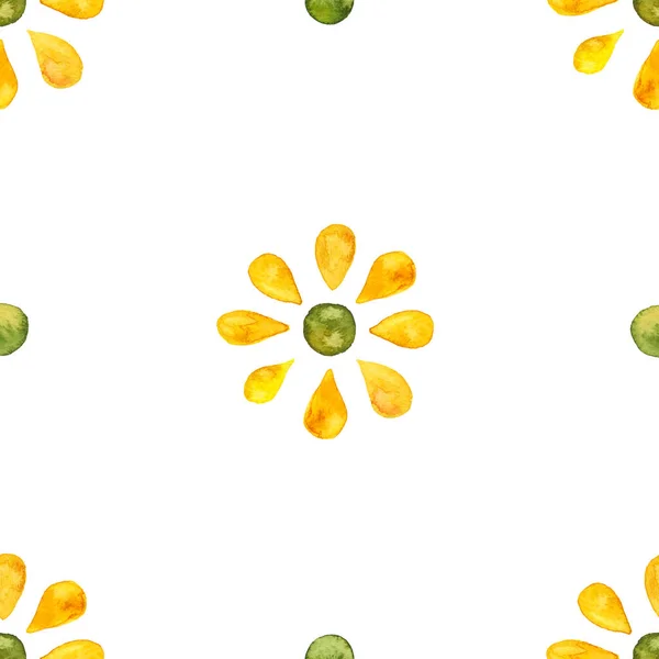 Akvarel Bezešvný vzor jednoduchých květin a teček. Žlutá a zelená na bílém. Super jednoduchý minimalistický květinový vzor okvětních lístků a kol — Stock fotografie
