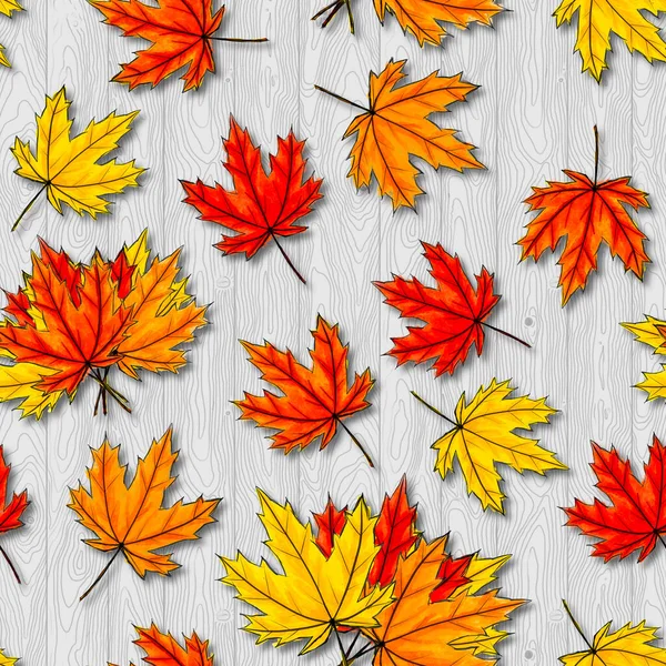 Maple αφήνει αδιάλειπτη μοτίβο σε γκρι φόντο ξύλο. Φθινοπωρινό φύλλωμα φυλλοβόλου δέντρου πάνω σε ξυλώδη υφή. Φθινοπωρινή περίοδος πορτοκαλί κόκκινο κίτρινο φύλλωμα τυχαία τοποθετείται με σκιές. Για τραπεζομάντηλο — Φωτογραφία Αρχείου
