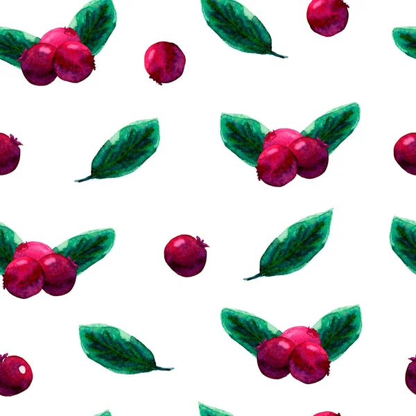 Naadloos patroon van aquarelbladeren en bessen van cowberry of cranberry. Handgetekende rode huckleberry achtergrond. Rijp verse sappige wilde bosvruchten en groene bladeren geïsoleerd op wit. — Stockfoto