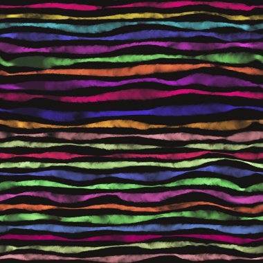 Siyah arkaplanda çok renkli yatay çizgilerin dikişsiz deseni. Kalın ve ince suluboya çizgilerinin el çizimi parlak pastel renklere sahiptir. Basit şeffaf renkli kare