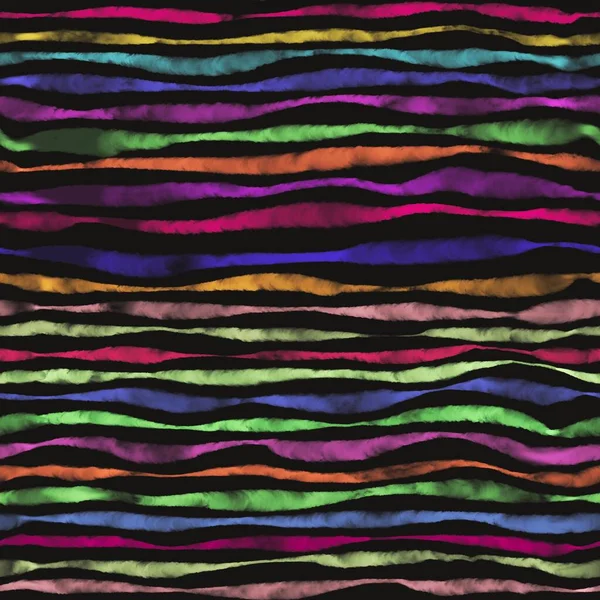 Siyah arkaplanda çok renkli yatay çizgilerin dikişsiz deseni. Kalın ve ince suluboya çizgilerinin el çizimi parlak pastel renklere sahiptir. Basit şeffaf renkli kare