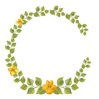 Yeşil yapraklar, sarı çiçekler ve suluboya çelenkler. Mesajın ya da tebrik kartın için basit bir el yapımı klasik çerçeve. Çiçek ve yapraklar beyaza saçılmış. Boşluğu kopyala 