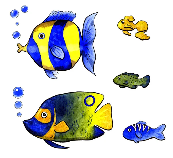 Watercolour illustration. Set of green, blue and yellow fish isolated on white background. Two big undersea animal with bubbles and three small. Textile, children illustration, logo, labels — Stock Photo, Image