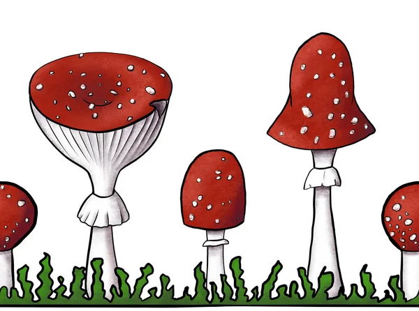 Межа червоної шапки летить агариками на траві. Мальовані вручну отруйні гриби з крапками на червоних шапочках і кільцем на сірій стрічці ізольовані на білому. Небезпечна аманіта мускарія росте в лісах і лісах. Безшовні — стокове фото