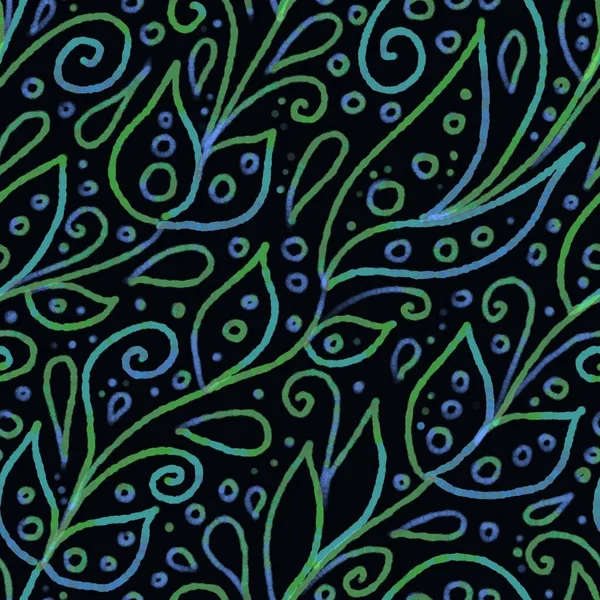 Ručně kreslený abstraktní květinový bezešvý vzor. Modrý a zelený obrys textury na tmavě černém pozadí se skládá z listů, kruhů, teček, vírů a kapek. Zabalovací papír, scrapbooking, textil — Stock fotografie