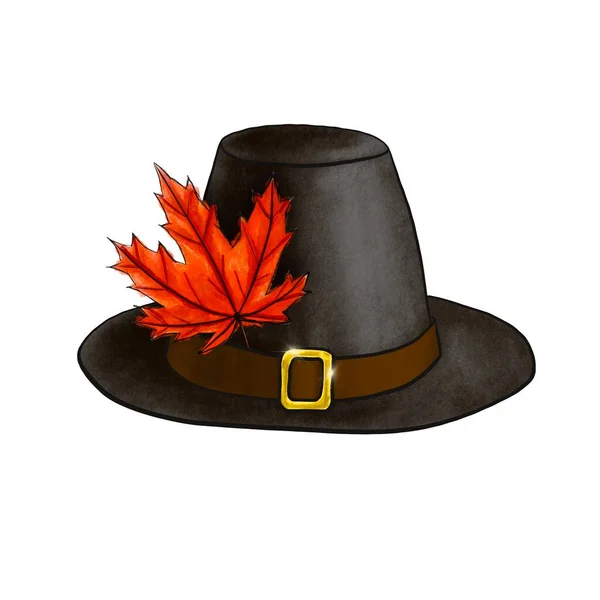 Black Pilgrim hat with autumn red maple leaf isolated on white. Digital imitation of pastel illustration dark headdress with brown belt and golden shiny buckle. Symbol of Thanksgiving day holiday