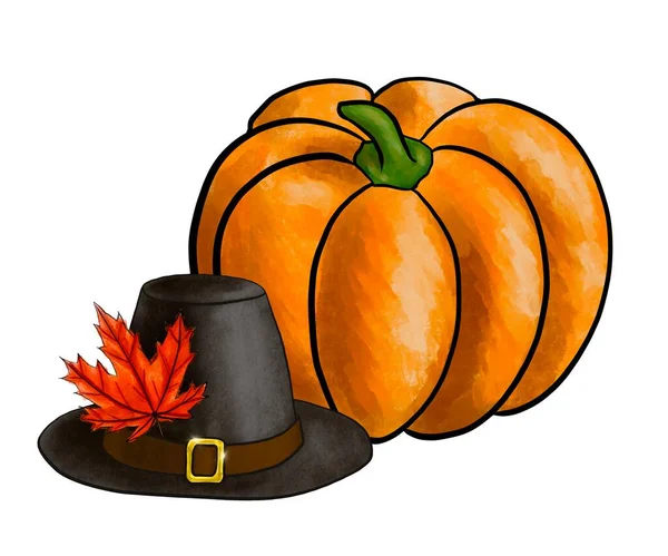 Illustratie van de symbolen van Thanksgiving dag: pelgrim hoed met esdoorn blad en rijpe pompoen. Imitatie van aquarelafbeelding van oranje herfstgroente en zwarte hoofdtooi met glanzende gesp. Etiket, decor — Stockfoto