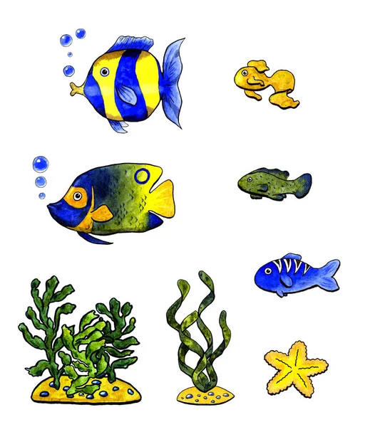 水下设置，包括带气泡的鱼，藻类和恒星。在白色背景上孤立的水彩画手绘插图。绿色、蓝色和黄色。封印费 — 图库照片