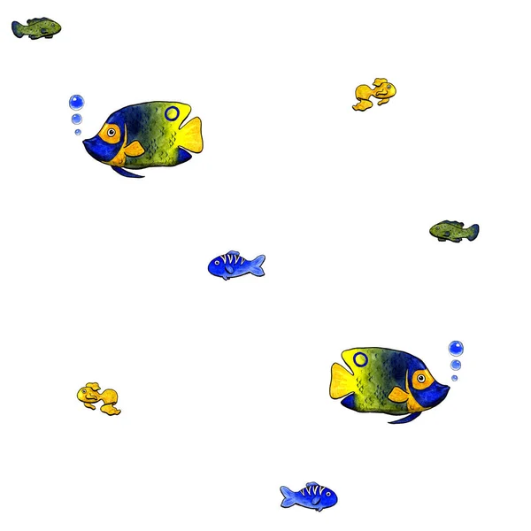 无缝图案的水彩鱼,在白色上隔离.水下海洋生物的蓝色、绿色和黄色图解。河流或湖泊生物的手绘稀疏草图 — 图库照片