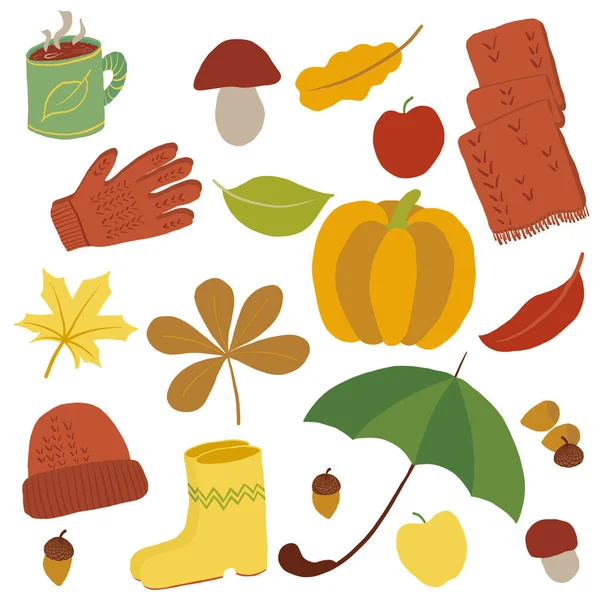 Sammlung von Symbolen der Herbstsaison. Eine Reihe herbstbezogener isolierter Objekte. Milde Farben. Blätter, Kleidung, Regenschutz, Ernte. Kann als Aufkleber verwendet werden, dekorieren — Stockvektor