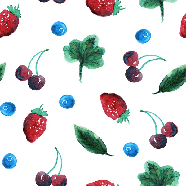 Kersen, aardbeien en bosbessen naadloos patroon op wit — Stockfoto
