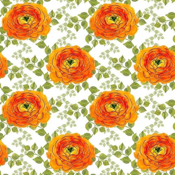 Seamless pattern of Hand-drawn watercolor ranunculus with foliage on white. Orange flower with yellow middle with green leaves. Sketch of bright Persian or Chinese or Asian Buttercup with black line