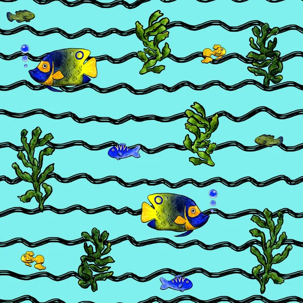 Modello senza cuciture di pesci acquerello e alghe con linee ondulate e sfondo blu. illustrazione della vita sottomarina. Alga verde. Grandi e piccole creature subacquee con colore giallo — Foto Stock