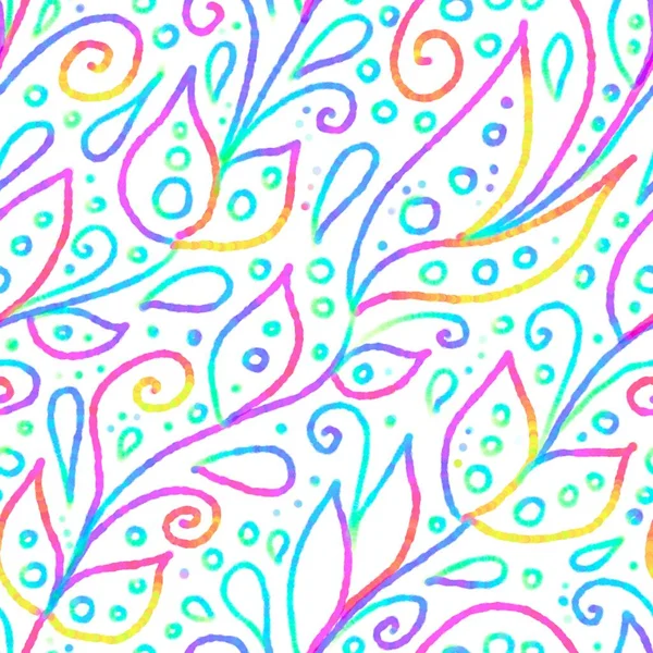 Ručně kreslené barevné abstraktní květinové bezešvé vzor. Mnohobarevná textura na bílém pozadí se skládá z listů, kruhů, teček, vírů a kapek. Barvy jsou žluté, modré a fialové. — Stock fotografie
