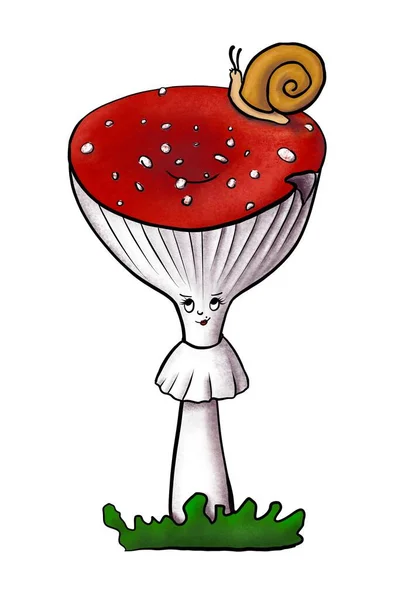 붉은 모자를 쓰고 푸른 풀 위에서 달팽이와 함께 날으는 붉은 모자를 연상 해 보 십시오. 손으로 그린 독성 버섯 펨신 캐릭터가 흰색으로 분리되어 있습니다. 귀여운 소녀 아마나 타 사카리아는 숲과 숲에서 자란다. — 스톡 사진