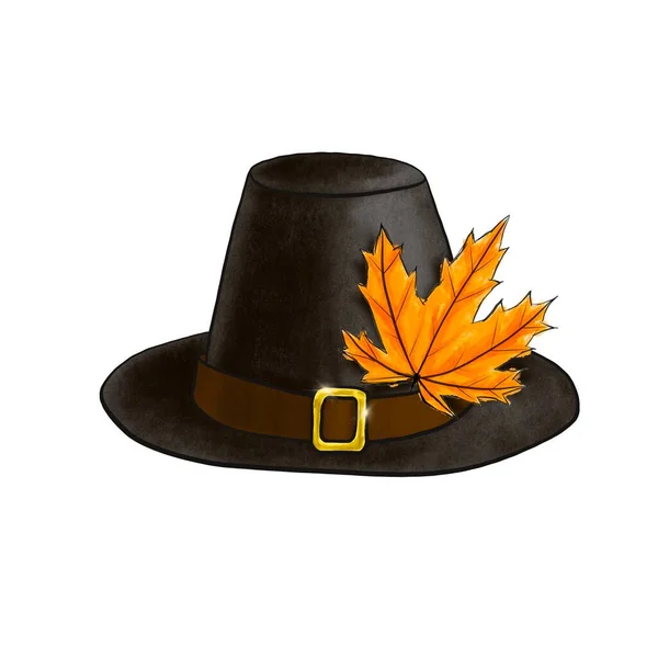 Schwarzer Pilgerhut mit herbstlich orangefarbenem Ahornblatt auf weißem Hintergrund. Digitale Nachahmung pastellfarbener Illustration dunkler Kopfschmuck mit braunem Gürtel und goldglänzender Schnalle. Symbol für den Feiertag Thanksgiving — Stockfoto