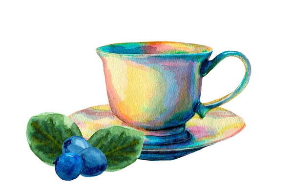 Copo de chá aquarela multicolorido e pires com bagas de mirtilo isolado em branco. Composição de caneca e ervas. Adequado para chá, menu, medicina, logotipo. — Fotografia de Stock