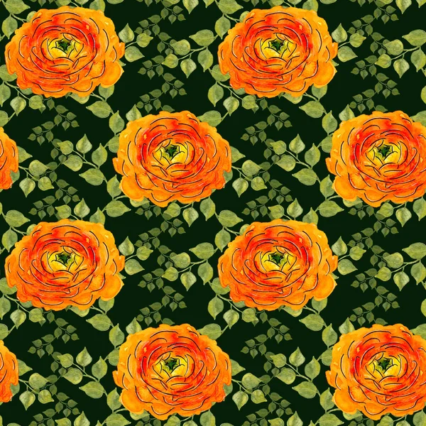 Seamless pattern of Hand-drawn watercolor ranunculus with foliage on black. Orange flower with yellow middle with green leaves. Sketch of bright Persian or Chinese or Asian Buttercup with black line