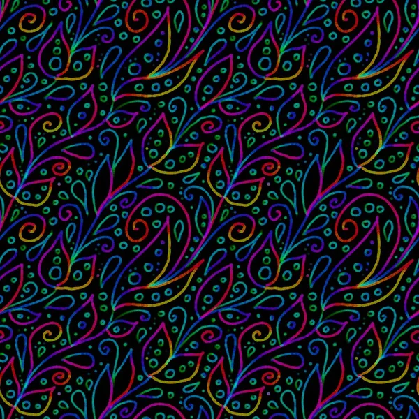 Ručně kreslený pestrobarevný abstraktní květinový bezešvý vzor. Modrá, zelená, červená obrysová textura na tmavém pozadí se skládá z listů, kruhů, teček, vírů a kapek. Zabalovací papír, scrapbooking, textil — Stock fotografie