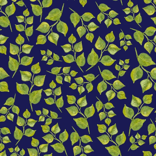 Бесшовный рисунок листьев. Акварельно-зеленые листовые ветки, изолированные на темно-синем. Круглая заостренная листва. Простой эскиз или каракули. Идеально подходит для упаковки бумаги, текстиля и фона. — стоковое фото