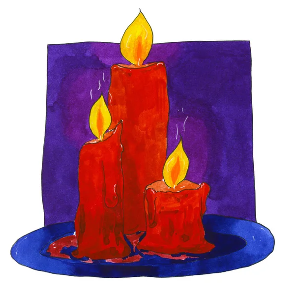 Burning red candles on violet background. Watercolor hand drawn illustration of warm glim, composition in violet square. Candlelight for holiday event - Christmas, New Year, Halloween. Mystic magic — Stock Photo, Image