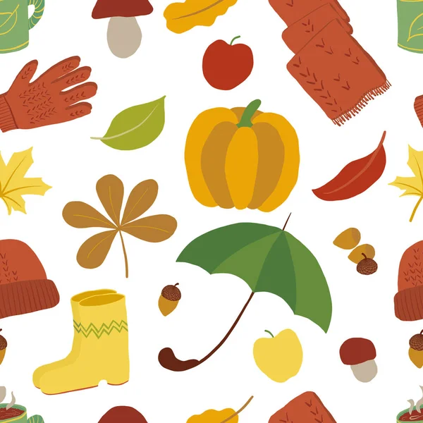 Sonbahar mevsimi sembollü kusursuz desen. Sonbahara bağlı soyutlanmış nesnelerin sonu gelmez tasarımı. Hafif renkler. Yapraklar, giysiler, yağmur koruması, hasat. Çocuklar için tekstil ve ambalaj kağıtlarında kullanılabilir.