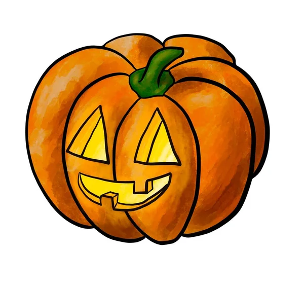 Calabaza para halloween, ilustración naranja de la cabeza de gato o linterna con ojos tallados, nariz y boca, sonriendo con dientes. Lit dentro. Símbolo de la fiesta. Decoración, invitación, impresión, etiqueta — Foto de Stock