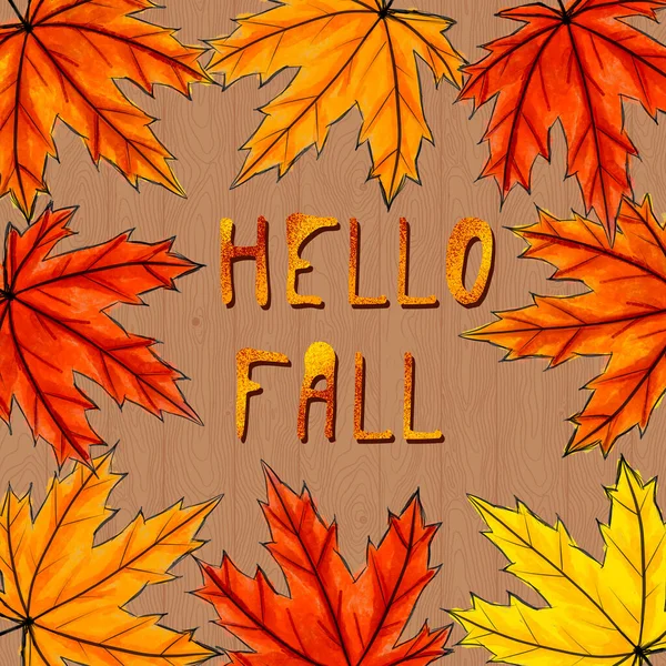 Iscrizione Disegnata Mano Hello Fall Circondata Foglie Acero Gialle Arancioni — Foto Stock