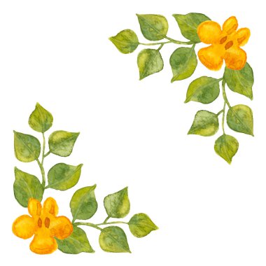 Yeşil yapraklar, sarı çiçekler ve suluboya sınır köşeleri. Mesajınız veya tebrik kartınız için basit bir el yapımı vintage çerçeve. Çiçek ve yapraklar beyaza saçılmış. Düğün ve tarih için yer kopyala