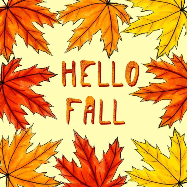 Sarı, turuncu ve kırmızı akçaağaç yapraklarıyla çevrili el yazması merhaba düşüşü. Hafif arka planda sonbahar yapraklarının ortasında el yazısı var. Kare sosyal ağlar postası, kartpostal