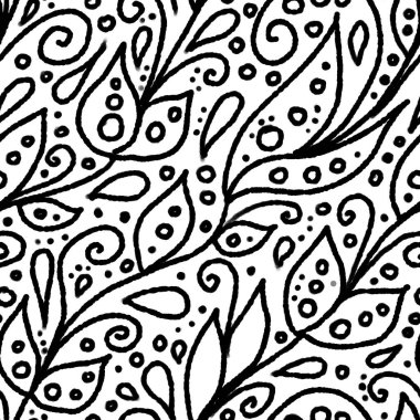 El çizimi, siyah beyaz, soyut, dikişsiz çiçek deseni. Beyaz arkaplandaki bir renk dokusu yapraklar, daireler, noktalar, girdaplar ve damlalardan oluşur. Paket kağıdı, yapıştırma kitabı, tekstil.