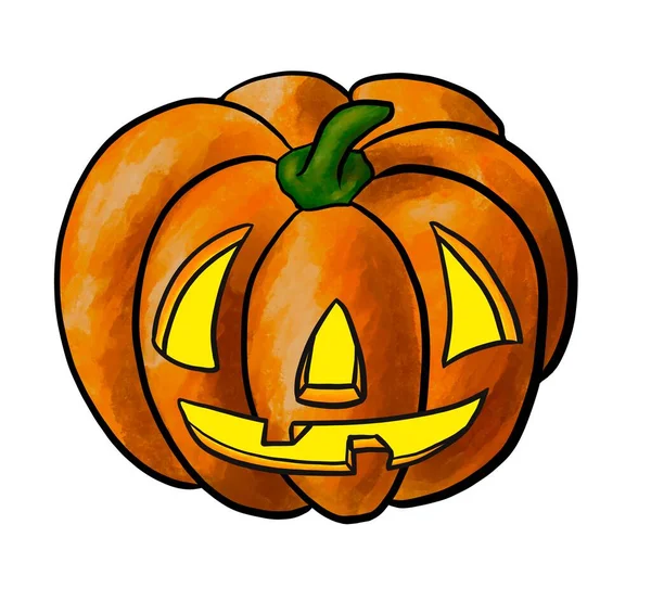 Kürbis zu Halloween, orangefarbene Abbildung des Laternenkopfes mit geschnitzten Augen, Nase und Mund, lächelnd mit Zähnen. Hinein. Symbol des Feiertags. Dekoration, Einladung, Druck, Etikett — Stockfoto