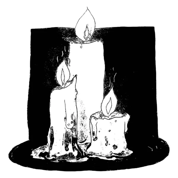 Vector gráfico dibujado a mano Velas ardientes sobre fondo blanco. Objetos en blanco y negro de diferente altura. La luz de las velas para el acontecimiento de fiesta o el recuerdo - la Navidad, el Año Nuevo, la fiesta de halloween. Magia mística — Archivo Imágenes Vectoriales