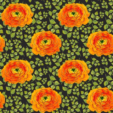 Elle çizilmiş suluboya ranunculus desenli ve siyah yapraklı. Sarı yapraklı turuncu çiçek. Siyah çizgili parlak Farsça, Çince ya da Asya Düğünçiçeği çizimi